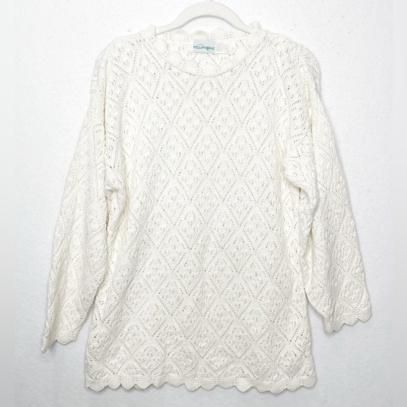 Vintage Sweaters - Willow Ridge Vintage 100% Cotton Knit Scalloped Detail Crochet Grandma Sweater